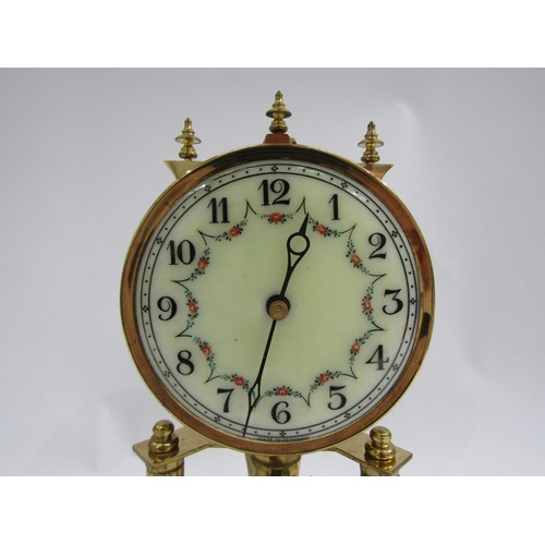 8041 - A brass anniversary clock under glass dome, with enamel dial, floral embellishment and Arabic numera... 