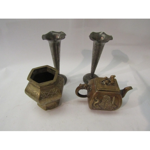 1480 - A pair of Chinese pewter vases, 19cm tall, a Chinese brass teapot and vase (character marks to base)... 