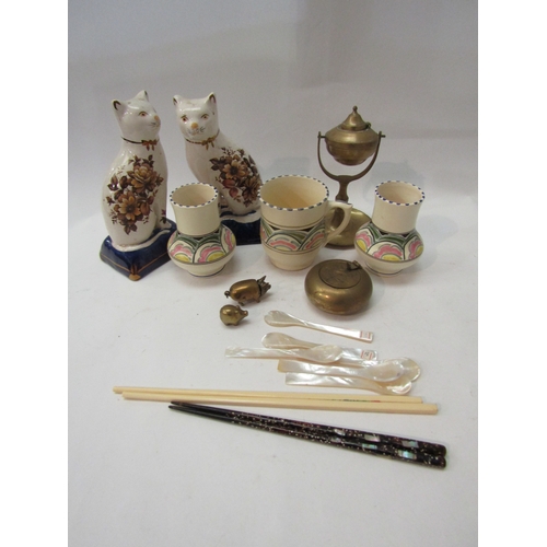 1479 - Assorted items including mother-of-pearl spoon, shell spoons, brass items, Staffordshire figures and... 