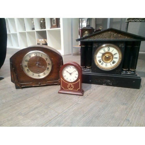8028 - A slate architectural form mantel clock (a/f), mahogany cased mantel clock, Metamec mantel clock (3)