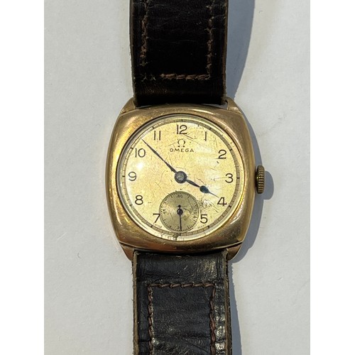 8154 - An Omega gentleman's 9ct gold cushion cased wristwatch with Arabic dial, sweep second subsidiary dia... 