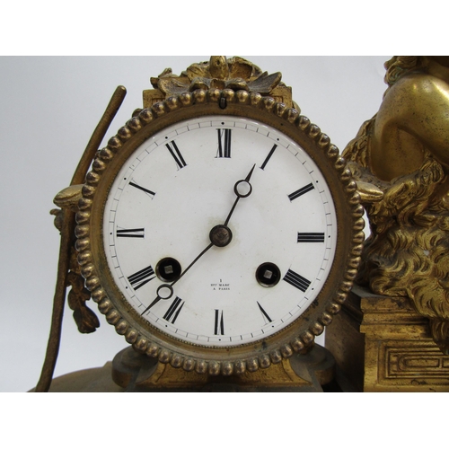 8070 - A French ornate gilt metal clock with cherub holding lamb on plinth base, enamel Roman numeral dial,... 