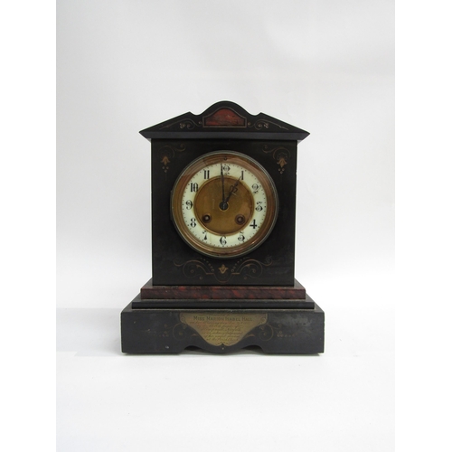 8080A - An Edwardian slate mantel clock with brass presentation plaque to 