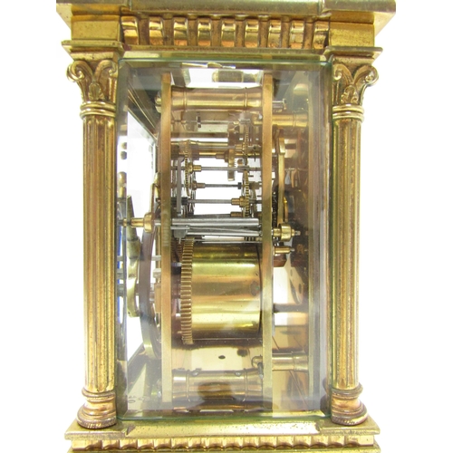 8086 - A 19th Century striking and repeating carriage clock in architectural brass column case, silvered Ro... 