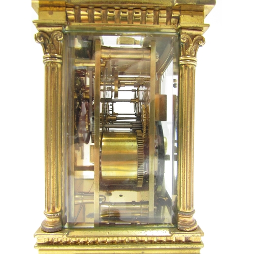 8086 - A 19th Century striking and repeating carriage clock in architectural brass column case, silvered Ro... 