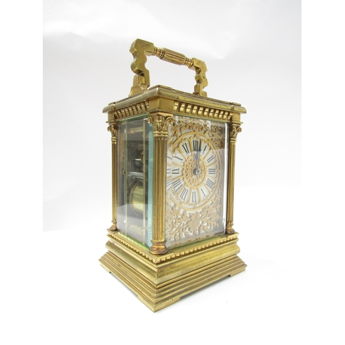 8086 - A 19th Century striking and repeating carriage clock in architectural brass column case, silvered Ro... 