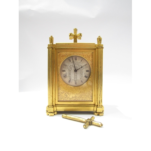 8087 - An unusual late 18th/early 19th Century gilt-cased carriage timepiece with engine turned silvered Ro... 