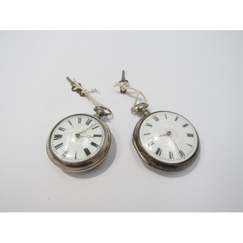 8092 - Two late 18th/early 19th Century silver pair cased English fusee pocket watches with Roman enamelled... 