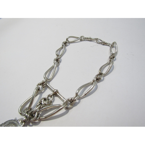 8103 - A silver watch chain with T-bar and fob, engraved R &D.L. / 1948-9 / W.  (R) £60