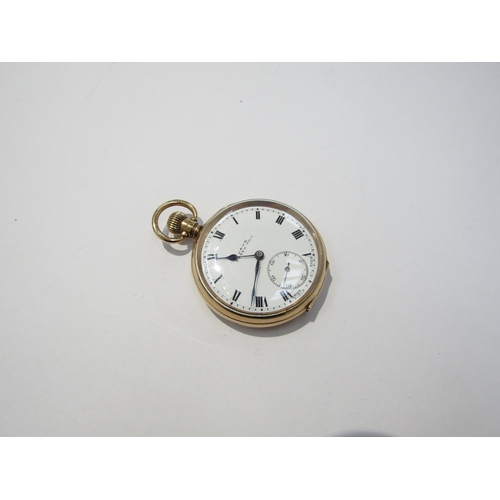 8168 - A 9ct gold cased open faced keyless pocket watch with Roman numeral white enamelled dial, seconds su... 