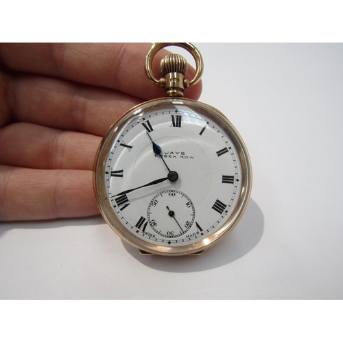 8168 - A 9ct gold cased open faced keyless pocket watch with Roman numeral white enamelled dial, seconds su... 