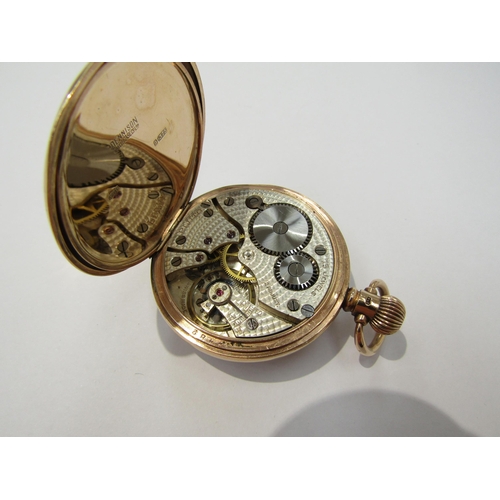 8168 - A 9ct gold cased open faced keyless pocket watch with Roman numeral white enamelled dial, seconds su... 