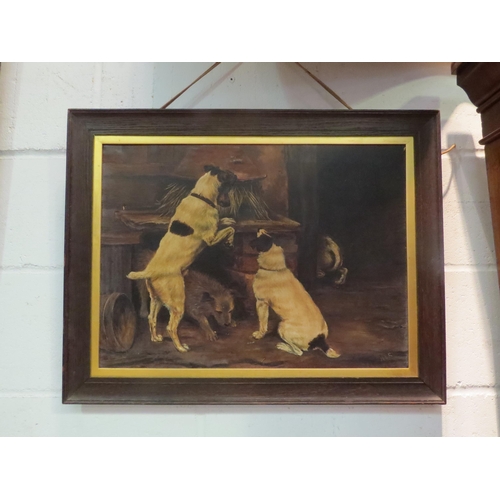 1057 - An oil on canvas of Jack Russells, monogrammed MER to lower right, framed, 40cm x 55cm image size
