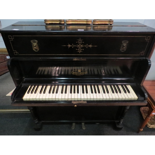 1063 - A William Whiteley of London ebonised piano, reputedly from a yacht, 110cm tall x 106cm wide x 53cm ... 