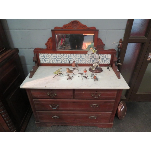 1071 - A Victorian mahogany marble topped tile back wash stand, 125cm tall x 108cm wide x 48cm deep