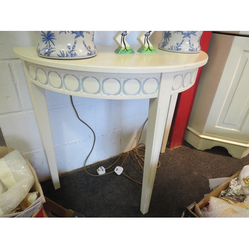 1117 - A painted white demi-lune side table, 74cm tall x 85cm wide x 43cm deep  (R)  £20