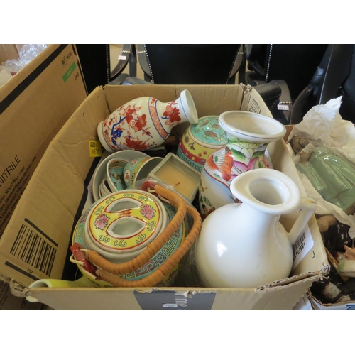 1183 - A box of miscellaneous 20th Century Oriental style ceramics to include lemon ground teapot with wick... 