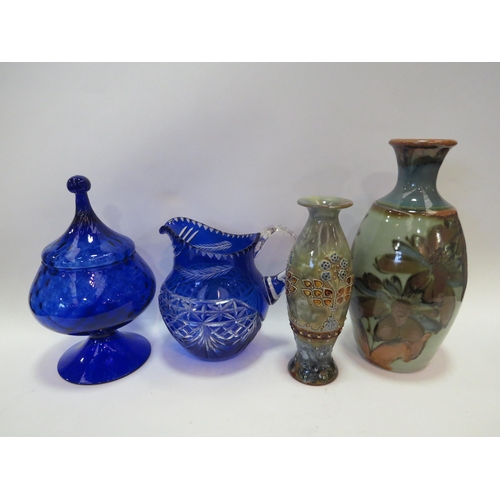 1240 - A Studio pottery vase, Doulton vase, a glass jug and glass covered pot (4)