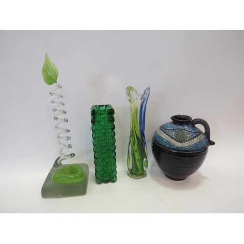 1253 - Three pieces of art glass including swirled stem vase, green hobnail vase and a ceramic jug with blu... 