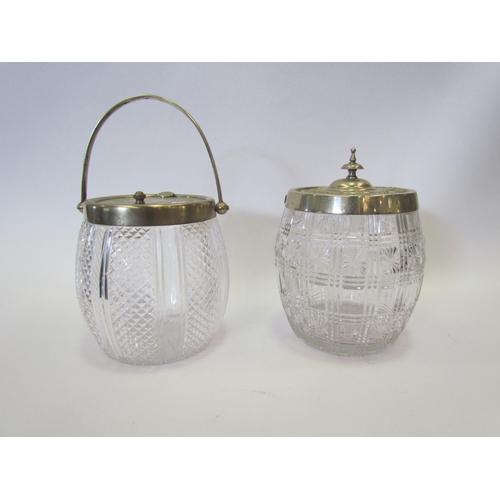 1319 - Two cut glass biscuit barrels with silver plated lids