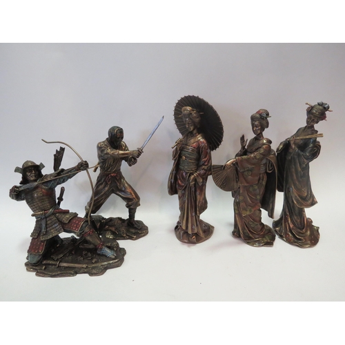 1337 - Five 'Veronese' Japanese style bronzed resin figures including samurai, tallest 27cm