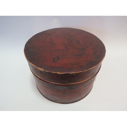 1354 - An early 20th Century Japanese lacquered box, figural scenes, 27.5cm diameter