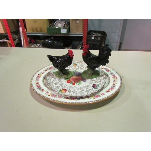 1231 - A Paragon meat platter together with a plate and two cockerel figures (4)