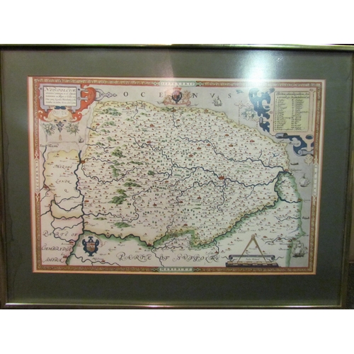 1275 - A mixed lot; glasswares, cigarette cards, cutlery and a framed map of Suffolk