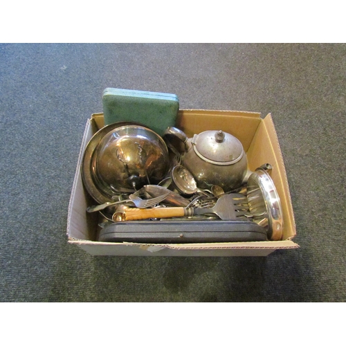 1285 - A box of plated wares including muffin dish, flatware, teapot, etc