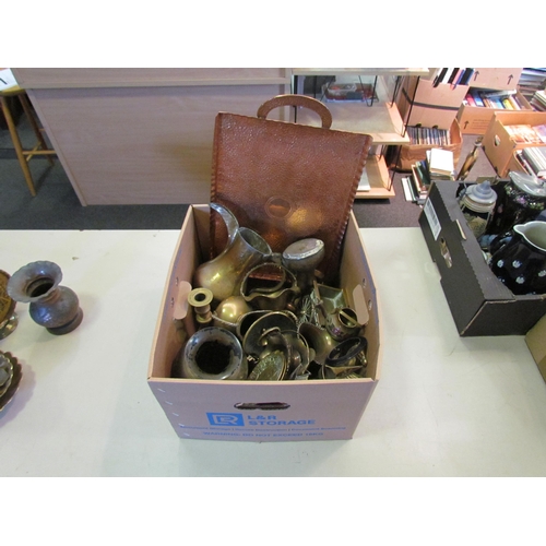 1293 - Two boxes of brass and metal wares to include a gong