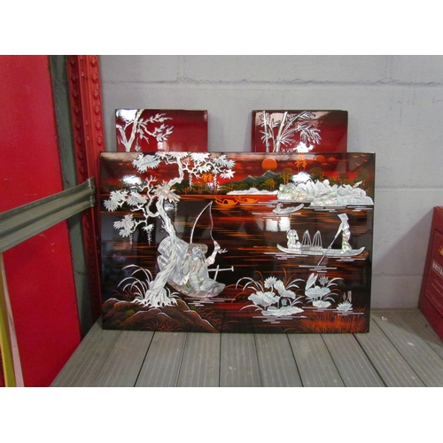 1301 - A set of five Japanese mother of pearl effect lacquered wall panels