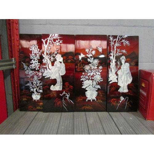 1301 - A set of five Japanese mother of pearl effect lacquered wall panels