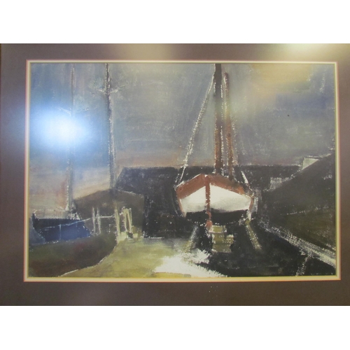 1359 - ARTHUR FREEMAN (1927-1992): A pencil and watercolour of boats in drydock, 48cm x 70.5cm, framed and ... 