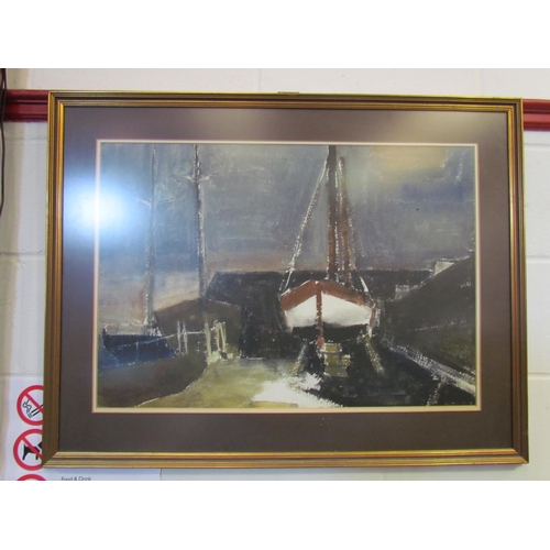 1359 - ARTHUR FREEMAN (1927-1992): A pencil and watercolour of boats in drydock, 48cm x 70.5cm, framed and ... 