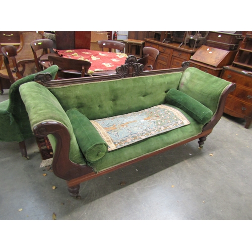 2456 - A Victorian mahogany settee, green velour upholstery, for re-covering