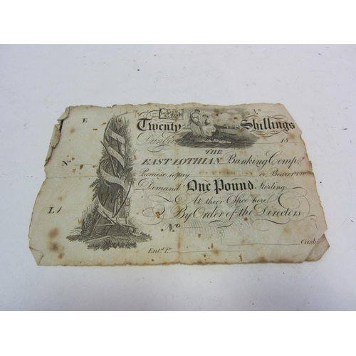 1362 - A 19th Century East Lothian Banking Company one pound note.  Undated or signed.  (Foxing, staining, ... 