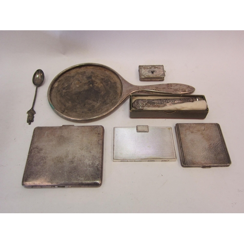 1374 - A silver backed hand mirror without mirror plate, plated compact, card case, vesta, cigarette case a... 