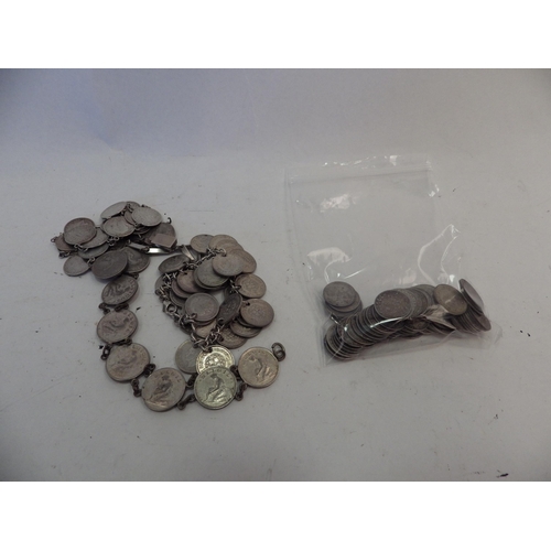 1405 - A silver thrupenny piece necklace and bracelet, associated bracelet a/f and loose thrupenny pieces