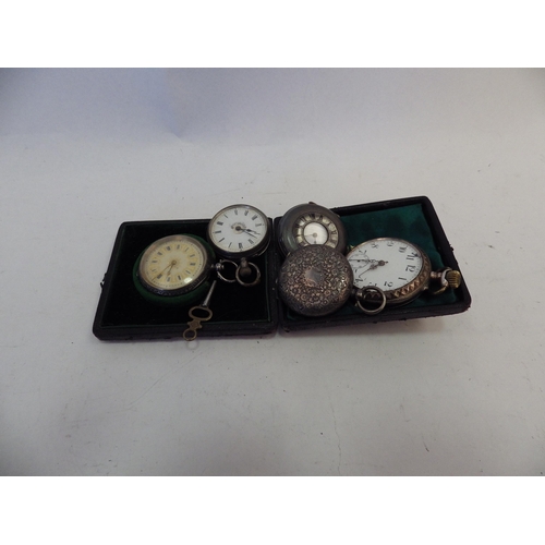 1408 - Five silver fob watches, various marks and styles