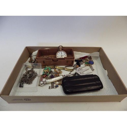 1436 - A box of mostly bijouterie including brooches, plated pocket watch etc