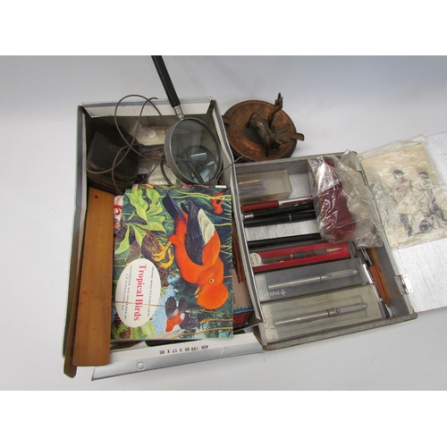 1486 - A mixed lot including Zippo lighter, Weston light meter, tea cards, Parker pens, bullfighter ashtray... 