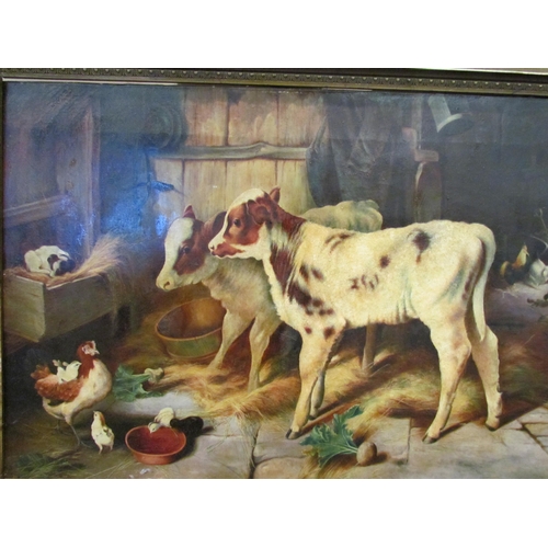 1517 - An early 20th Century oil on canvas depicting a cow shed with young calves, chickens etc after an or... 