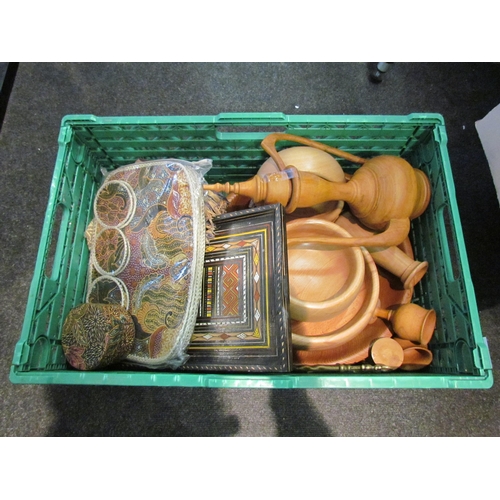 1526 - Two boxes of wooden wares including bowls, trays, vases etc.