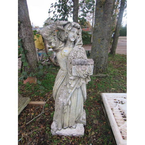 9059 - A weathered composition statue of a maiden with treasure chest, 55