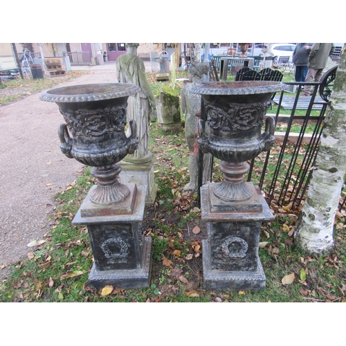 9193 - A pair of cast iron twin loop handled urns, foliate scrolls on stepped plinth, 44