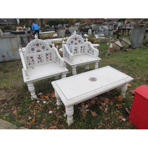 9492 - A pair of Agra marble inlaid throne chairs with matching low table, purchased from Liberty in 2014 w... 