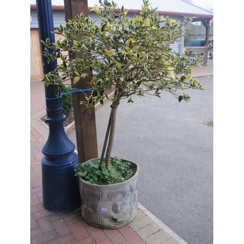 9504 - A pair of circular lead planters with geometric detail and lion masks, some cracking, 15