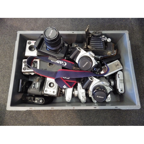 5062 - A box of mixed cameras including bellow Kodak No.1 pocket, Canon SLRs etc