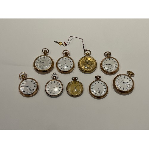 8118 - Nine assorted gold plated open faced pocket watches, including American, English and Waltham example... 