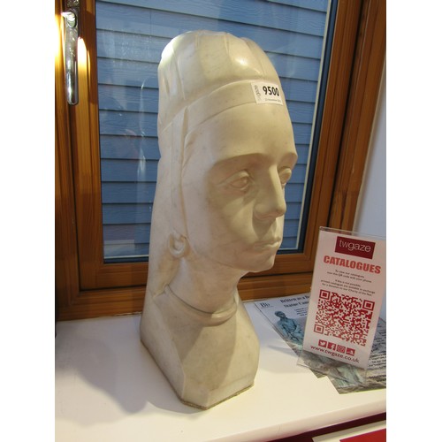 9500 - A white marble bust of a Deco lady, 18